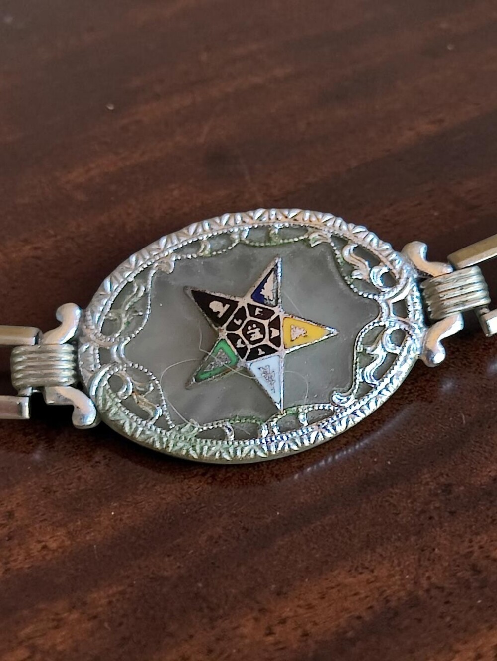 Vintage Sterling Silver Camphor Glass Order Of The Eastern Star Masonic Bracelet